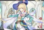  1girl 1other androgynous artist_name belt blonde_hair blue_eyes cape character_name chevalier_d'eon_(fate/grand_order) contest_winner dated fate/grand_order fate_(series) gloves highres holding holding_sword holding_weapon jewelry jingzhongyin long_hair low_ponytail marie_antoinette_(fate/grand_order) parted_lips pixiv_fate/grand_order_contest_1 saber_(weapon) scabbard sheath side_ponytail sword weapon white_cape white_gloves wolfgang_amadeus_mozart_(fate/grand_order) 