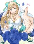  blonde_hair blue_bow blue_eyes bow breasts bride charlotte_(fire_emblem_if) cleavage dress fire_emblem fire_emblem_heroes fire_emblem_if flower hair_bow long_hair open_mouth outstretched_arm petals robaco simple_background solo strapless strapless_dress wedding_dress white_background white_dress 