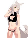  absurdres animal_ears bra breasts cleavage_cutout eyebrows_visible_through_hair green_eyes grey_hair hand_in_hair hand_up highres legs_apart long_hair medium_breasts navel nezuko original panties simple_background slit_pupils smile smile_(.flow) solo standing tail underwear white_background 