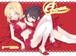  a_channel ass black_hair blonde_hair breasts cleavage crop_top hair_over_one_eye ichii_tooru kuroda_bb lying midriff momoki_run multiple_girls navel official_art one_eye_closed open_mouth red_skirt skirt smile thighhighs 