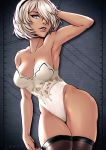  bare_shoulders black_hairband black_legwear blue_eyes breasts cleavage commentary curvy english_commentary hair_over_one_eye hairband hand_in_hair highleg highleg_leotard iahfy leotard lips medium_breasts mole mole_under_mouth nier_(series) nier_automata nose short_hair silver_hair solo strapless strapless_leotard thick_thighs thighhighs thighs white_leotard wide_hips yorha_no._2_type_b 