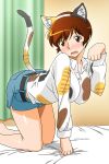  all_fours animal_ears bed_sheet blush breasts brown_eyes brown_hair cat_ears cat_tail fake_animal_ears fake_tail indoors large_breasts long_sleeves looking_at_viewer official_art paw_pose pet_play short_hair shorts side_slit super_real_mahjong tail tanaka_ryou toyohara_etsuko 