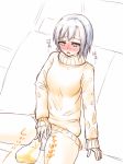  1girl apotea bangs between_legs blue_eyes blush bottomless car_interior dutch_angle eyebrows_visible_through_hair female grey_hair half-closed_eyes japanese_text long_sleeves looking_down nose_blush open_mouth original peeing short_hair sitting solo spread_legs sweater translaton_request white_background yellow_sweater 
