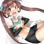  arm_warmers asagumo_(kantai_collection) bike_shorts black_shorts brown_hair covering covering_chest cowboy_shot dated green_eyes hair_ribbon highres kantai_collection long_hair looking_at_viewer midriff minase_(takaoka_nanase) navel open_clothes open_mouth open_shirt ribbon shirt shorts simple_background skindentation solo sports_bra surprised twintails twitter_username white_background white_shirt 