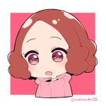  :o blush brown_eyes brown_hair commentary_request do_m_kaeru okumura_haru open_mouth persona persona_5 pink_sweater ribbed_sweater short_hair sweater twitter_username upper_body 