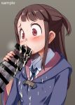  1girl 4shi bar_censor brown_hair censored cum cum_on_clothes facial fellatio handjob hetero kagari_atsuko large_penis little_witch_academia long_hair luna_nova_school_uniform oral penis penis_awe red_eyes sample scared short_ponytail side_ponytail single_sidelock solo_focus 