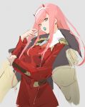  aqua_eyes breasts candy cowboy_shot darling_in_the_franxx eyeshadow food green_eyes hairband highres holding_arm holding_lollipop horns jacket_on_shoulders licking lollipop looking_at_viewer makeup medium_breasts military military_jacket military_uniform oni_horns orange_neckwear pink_hair red_horns so-bin straight_hair uniform white_hairband zero_two_(darling_in_the_franxx) 