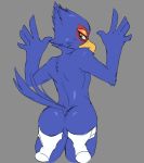  anthro avian backsack balls blush butt falco_lombardi grope looking_at_viewer looking_back male nintendo nude rear_view simple_background solo star_fox teba_motoko video_games 
