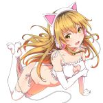  blonde_hair cat_ear_headphones cat_lingerie clearite commentary_request elbow_gloves gloves headphones highres ienaga_mugi long_hair meme_attire nijisanji solo thighhighs virtual_youtuber white_gloves white_legwear yellow_eyes 