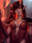  breasts broken_horn commentary demon_girl glowing glowing_eyes highres horns large_breasts lips looking_at_viewer original parted_lips pointy_ears realistic red_eyes sciamano240 solo 