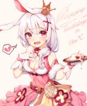  absurdres animal_ears bare_shoulders belt benghuai_xueyuan breasts broken_heart brown_background bunny_ears cleavage commentary_request cream crown crying crying_with_eyes_open de_da_xianyu dress food fruit gloves hair_ornament hand_on_own_chest hands_up happy_birthday heart highres holding holding_plate honkai_impact long_hair medium_breasts mini_crown pink_dress plate red_belt red_eyes silver_hair simple_background sleeveless sleeveless_dress solo spoken_heart strawberry tears theresa_apocalypse toothpick white_gloves x_hair_ornament 