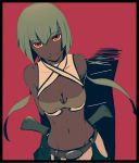  1girl breasts cleavage dark_skin emerald_sustrai green_hair gun jin_morisono looking_at_viewer midriff red_eyes rwby scythe short_hair solo very_dark_skin weapon 