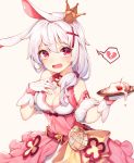  absurdres animal_ears bare_shoulders belt benghuai_xueyuan breasts broken_heart brown_background bunny_ears cleavage cream crown crying crying_with_eyes_open de_da_xianyu dress food fruit gloves hair_ornament hand_on_own_chest hands_up heart highres holding holding_plate honkai_impact long_hair medium_breasts mini_crown pink_dress plate red_belt red_eyes silver_hair simple_background sleeveless sleeveless_dress solo spoken_heart strawberry tears theresa_apocalypse toothpick white_gloves x_hair_ornament 