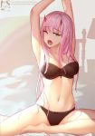  areolae armpits bed black_bra black_panties bow bow_panties bra breasts commentary_request darling_in_the_franxx eyebrows_visible_through_hair green_eyes highres horns long_hair looking_at_viewer one_eye_closed open_mouth panties pink_hair saliva shadowgrave solo stretch sweat underwear underwear_only yawning zero_two_(darling_in_the_franxx) 