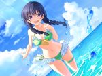  bikini blue_eyes blue_hair braid breasts cleavage cloud cloudy_sky commentary day droplet dutch_angle frilled_bikini frills front-tie_bikini front-tie_top hachigatsu_no_cinderella_nine kondou_saki medium_breasts navel nyanmaru ocean open_mouth outdoors side-tie_bikini sky smile solo sparkle striped sunlight swimsuit thigh_strap twin_braids twintails vertical-striped_bikini vertical_stripes wading water_drop wet wet_clothes wet_hair wet_swimsuit 