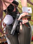  animal_ears brown_hair bunny_ears bunny_girl bunny_tail bunnysuit commentary cowboy_shot fishnet_pantyhose fishnets gun handgun holding holding_weapon katahira_masashi leotard long_hair m1911 mc_axis military pantyhose solo tail trigger_discipline weapon wrist_cuffs 