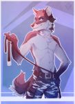  anthro blue_eyes canine chest_tuft claws clothed clothing collar diesel_wiesel fangs leash looking_at_viewer male mammal pants smile solo topless tuft wolf 