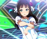  bad_id bad_pixiv_id bangs black_hair blue_feathers blurry blurry_background blush feathers flower green_eyes hair_flower hair_ornament hair_ribbon hairband hand_on_own_elbow icehotmilktea kurosawa_dia light_beam long_hair looking_at_viewer love_live! love_live!_sunshine!! mole mole_under_mouth open_mouth red_flower red_rose ribbon rose short_sleeves skirt solo water_blue_new_world white_ribbon 