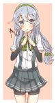  arm_warmers bad_id bad_twitter_id bike_shorts blush bow bowtie braid cowboy_shot green_hairband green_neckwear green_scrunchie grey_skirt hair_ornament hair_scrunchie hairband hands_together heart kantai_collection long_hair looking_at_viewer nonono_(mino) plaid_neckwear pleated_skirt purple_eyes scrunchie shirt silver_hair single_braid skirt solo suspenders wavy_hair white_shirt yamagumo_(kantai_collection) 