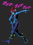  &lt;3 claymore-smile clothed clothing cosplay crossover eye_patch eyewear female fish grey_background hair hi_res humanoid japanese_text jojo&#039;s_bizarre_adventure jolyne_cujoh marine red_hair simple_background smile solo teeth text undertale undyne video_games yellow_sclera ゴゴゴゴゴ 