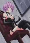  arm_strap armpits bangs bare_shoulders bdsm black_footwear black_gloves blush bondage boots bound breasts chair cleavage collar commentary_request dominatrix elbow_gloves eyebrows_visible_through_hair fang from_below gloves highres holding_whip kantai_collection looking_at_viewer medium_breasts navel open_mouth purple_hair red_eyes remodel_(kantai_collection) short_hair sidelocks sitting skindentation solo taira_yuuki tama_(kantai_collection) thigh_boots thighhighs thighs whip window wrist_straps 