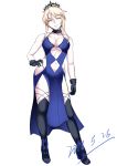  2018 alternate_breast_size artoria_pendragon_(all) artoria_pendragon_(swimsuit_rider_alter) bare_shoulders black_gloves black_legwear blonde_hair breasts cleavage dated eyebrows_visible_through_hair fate/grand_order fate_(series) gloves hand_on_hip highres hips long_hair love-saber navel navel_cutout solo thighhighs tiara white_background yellow_eyes 
