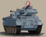  brown_background brown_eyes closed_mouth commentary crusader_(tank) emblem girls_und_panzer ground_vehicle jacket looking_to_the_side military military_uniform military_vehicle motor_vehicle nogitatsu red_hair red_jacket rosehip shadow short_hair simple_background solo st._gloriana's_(emblem) st._gloriana's_school_uniform tank tank_focus uniform 
