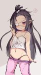  bangs_pinned_back bare_arms bare_shoulders black_hair black_panties blush breasts brown_background camisole cleavage collarbone commentary_request eyepatch granblue_fantasy groin hair_bobbles hair_ornament harvin holding long_hair lunalu_(granblue_fantasy) mars_symbol medical_eyepatch navel panties pants pants_pull parted_lips pink_pants pointy_ears pulled_by_self purple_eyes rai_(sakuranbo_sugar) simple_background small_breasts solo thong track_pants underwear very_long_hair white_camisole 