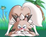  anthro anthrofied bent_over big_breasts blue_eyes blush breast_squish breasts brown_fur claws erect_nipples exeggutor female fur looking_at_viewer lycanroc miday_lycanroc nintendo nipples nude pok&eacute;mon pok&eacute;mon_(species) pok&eacute;morph solo video_games white_fur yokuvika 