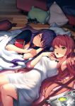  arm_behind_head armpits blanket book brown_hair commentary controller cup doki_doki_literature_club english_commentary eyebrows_visible_through_hair game_controller green_eyes hair_down hair_ornament hairclip long_hair looking_at_viewer lying monika_(doki_doki_literature_club) multiple_girls official_art on_back on_floor on_side one_eye_closed open_mouth pillow purple_hair satchely sleeping teacup tray under_covers very_long_hair window_shade wooden_floor yawning yuri_(doki_doki_literature_club) 