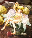  alcohol barefoot beer blonde_hair breasts cherry coin commentary_request dagger dragon's_crown fairy fairy_wings feet foam food fruit goblet gold hyuu_(sing-dog) licking_lips looking_at_viewer minigirl nude partially_submerged ripples small_breasts smile solo tiki_(dragon's_crown) toes tongue tongue_out twintails weapon wings 
