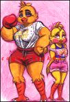  anthro avian beak bird blush breasts cageyshick05_(artist) chica_(fnaf) chicken clothed clothing duo english_text feathers female five_nights_at_freddy&#039;s five_nights_at_freddy&#039;s_2 hi_res muscular muscular_female shirt shorts simple_background smile standing text toy_chica_(fnaf) traditional_media_(artwork) video_games 