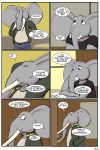  2018 anthro clothed clothing comic dialogue elephant english_text eyes_closed father male mammal mature_male parent ragdoll_(study_partners) son speech_bubble study_partners text thunderouserections trunk tusks young 