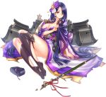  artist_request black_legwear breasts broken broken_weapon cleavage full_body geta hair_over_one_eye japanese_clothes kimono kinkazan_(oshiro_project) large_breasts long_hair looking_at_viewer official_art one_eye_closed oshiro_project oshiro_project_re polearm purple_hair purple_kimono red_eyes shoes_removed snake solo spear thighhighs torn_clothes torn_legwear transparent_background very_long_hair weapon 
