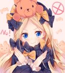  :t abigail_williams_(fate/grand_order) bangs black_bow black_dress black_hat blonde_hair blue_eyes blush bow candy_wrapper closed_mouth commentary_request dress eyebrows_visible_through_hair fate/grand_order fate_(series) forehead hair_bow hands_up hat long_hair long_sleeves nahaki no on_head orange_bow parted_bangs polka_dot polka_dot_bow pout sleeves_past_wrists solo stuffed_animal stuffed_toy teddy_bear v-shaped_eyebrows very_long_hair x_arms 