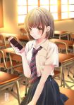  2018 artist_name bangs black_skirt blush breast_pocket breasts brown_eyes brown_hair cellphone chair classroom closed_mouth collared_shirt commentary_request desk diagonal_stripes eyebrows_visible_through_hair holding holding_cellphone holding_phone indoors light_smile looking_at_viewer medium_breasts necktie on_bench original phone pleated_skirt pocket school_chair school_desk school_uniform sheepd shirt short_hair short_sleeves sitting skirt solo striped striped_neckwear sunlight white_shirt window wooden_floor 