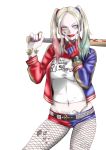  1girl baseball_bat batman_(series) blonde_hair blue_eyes blue_hair breasts dc_comics dip-dyed_hair harley_quinn jacket lipstick long_hair makeup matching_hair/eyes multicolored_hair solo suicide_squad tied_hair twintails weapon 