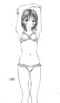  arms_up blush bra cowboy_shot greyscale highres hiro_(dismaless) lineart long_hair looking_at_viewer monochrome navel original panties solo underwear 