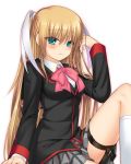  blonde_hair blue_eyes bow cowboy_shot feet_out_of_frame little_busters! long_hair looking_at_viewer otou_(otou_san) pink_bow plaid plaid_skirt pleated_skirt school_uniform simple_background sitting skirt smile solo thigh_strap tokido_saya twintails white_background 