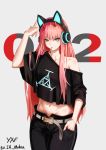  absurdres animal_ears belt candy cat_ear_headphones collarbone darling_in_the_franxx denim food green_eyes hand_in_pocket headphones highres horns index_finger_raised jeans lollipop long_hair looking_at_viewer ludwind221 midriff mouth_hold navel pants pink_hair red_horns signature simple_background smile solo tank_top zero_two_(darling_in_the_franxx) 