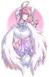  2016 animal_humanoid avian big_breasts blush breasts clothing feathered_wings feathers female hair harpy hi_res humanoid legwear long_hair looking_at_viewer monster_girl_(genre) one_eye_closed pink_hair purple_eyes shirt skirt smile solo stockings venusflowerart white_feathers wings 