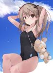  bangs black_swimsuit blue_sky boko_(girls_und_panzer) brown_eyes cloud competition_school_swimsuit day emblem feet_out_of_frame girls_und_panzer hairband light_brown_hair long_hair looking_at_viewer one-piece_swimsuit selection_university_(emblem) shimada_arisu side_ponytail sitting sky solo stuffed_animal stuffed_toy swimsuit teddy_bear yumesato_makura 