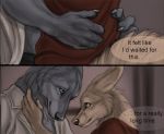  2018 anthro canine claws comic dialogue duo english_text fennec fox fur male male/male mammal marcus_(rukis) reis rukis smile text wolf yellow_eyes 