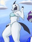  2018 absol anthro ball beach beach_ball beachwear big_breasts bikini breasts claws clothing cloud female fluffy hair horn jeffthehusky long_hair looking_at_viewer low-angle_view navel nintendo pok&eacute;mon pok&eacute;mon_(species) red_eyes seaside standing sun swimsuit thick_thighs umbrella video_games worm&#039;s-eye_view 