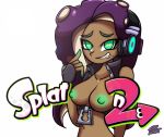  1girl artist_name bare_shoulders black_gloves black_vest breasts breasts_outside cephalopod_eyes collarbone copyright_name dark_skin english_text female fingerless_gloves gloves green_eyes hand_up headphones iida_(splatoon) jpeg_artifacts large_breasts long_hair looking_at_viewer mole mole_under_mouth nipples purple_hair simple_background sky_light sleeveless smile solo splatoon splatoon_2 teeth tentacle tentacle_hair text_focus unzipped upper_body vest watermark white_background zipper zipper_pull_tab 