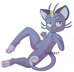  1girl :3 alolan_meowth animal_ears barefoot black_eyes cat_ears cat_tail feet female full_body furry gen_7_pokemon half-closed_eyes hands_up knee_up lying meatbot no_humans nude on_back paw_pose paws personification pokemon pokemon_(creature) pussy pussy_juice simple_background smile solo spread_legs tail uncensored whiskers white_background 