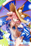  1girl animal_ears beach_umbrella bikini bikini_under_clothes blue_bikini day ears_through_headwear fate/grand_order fate_(series) fox_ears fox_tail hat highres innertube ocean one_eye_closed outdoors palm_tree pink_hair pixiv_fate/grand_order_contest_2 shirt side-tie_bikini straw_hat sun_hat swimsuit tail tamamo_(fate)_(all) tamamo_no_mae_(swimsuit_lancer)_(fate) tongue tongue_out tree umbrella wet wet_clothes wet_shirt wet_t-shirt yellow_eyes 