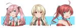  ;d ahoge alternate_hairstyle atlanta_(azur_lane) azur_lane bangs bare_shoulders black_bow blonde_hair blue_eyes bow closed_mouth collarbone detached_collar eyebrows eyebrows_visible_through_hair eyes_visible_through_hair hair_bow hair_intakes hair_ornament hairclip juneau_(azur_lane) long_hair looking_at_viewer multiple_girls necktie one_eye_closed open_mouth orange_eyes pink_hair ponytail red_hair red_neckwear san_diego_(azur_lane) shirotae_moyashi smile straight_hair swept_bangs twintails upper_body v-shaped_eyebrows 