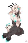  antlers blue_nipples blue_nose breasts cervine chest_tuft collar crossed_legs female fur hair hooves horn kneeling leash mammal nipples nosivi patto short_hair simple_background solo submissive tuft white_fur yellow_eyes 
