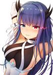  arm_strap armpits arms_behind_head arms_up azur_lane bangs blue_eyes blue_hair breasts cleavage_cutout commentary_request detached_sleeves eyebrows_visible_through_hair fou_zi glowing glowing_eyes heterochromia highres horns ibuki_(azur_lane) large_breasts long_hair long_sleeves looking_at_viewer parted_lips red_eyes ribbon sideboob sidelocks simple_background solo upper_body white_background 